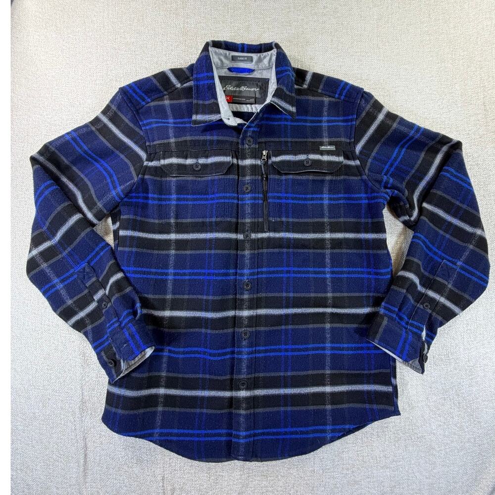 Eddie Bauer Men's Large Blue Black Mountain Ops Heavy Flannel Shacket Shirt